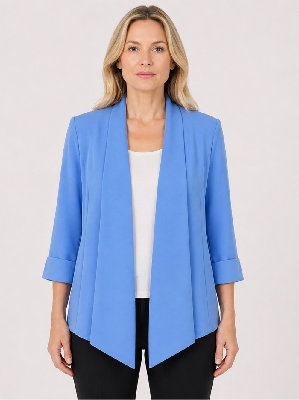 KASPER Crepe Fly Away Jacket with Cuff Sleeves Wedgewood Blue Plus Size 1X
